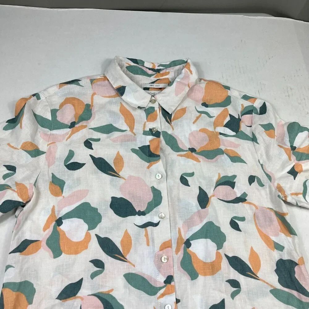Rachel Zoe Linen Button Down Shirt Dress Floral Short Sleeve Collared Size SMALL - Picture 3 of 10